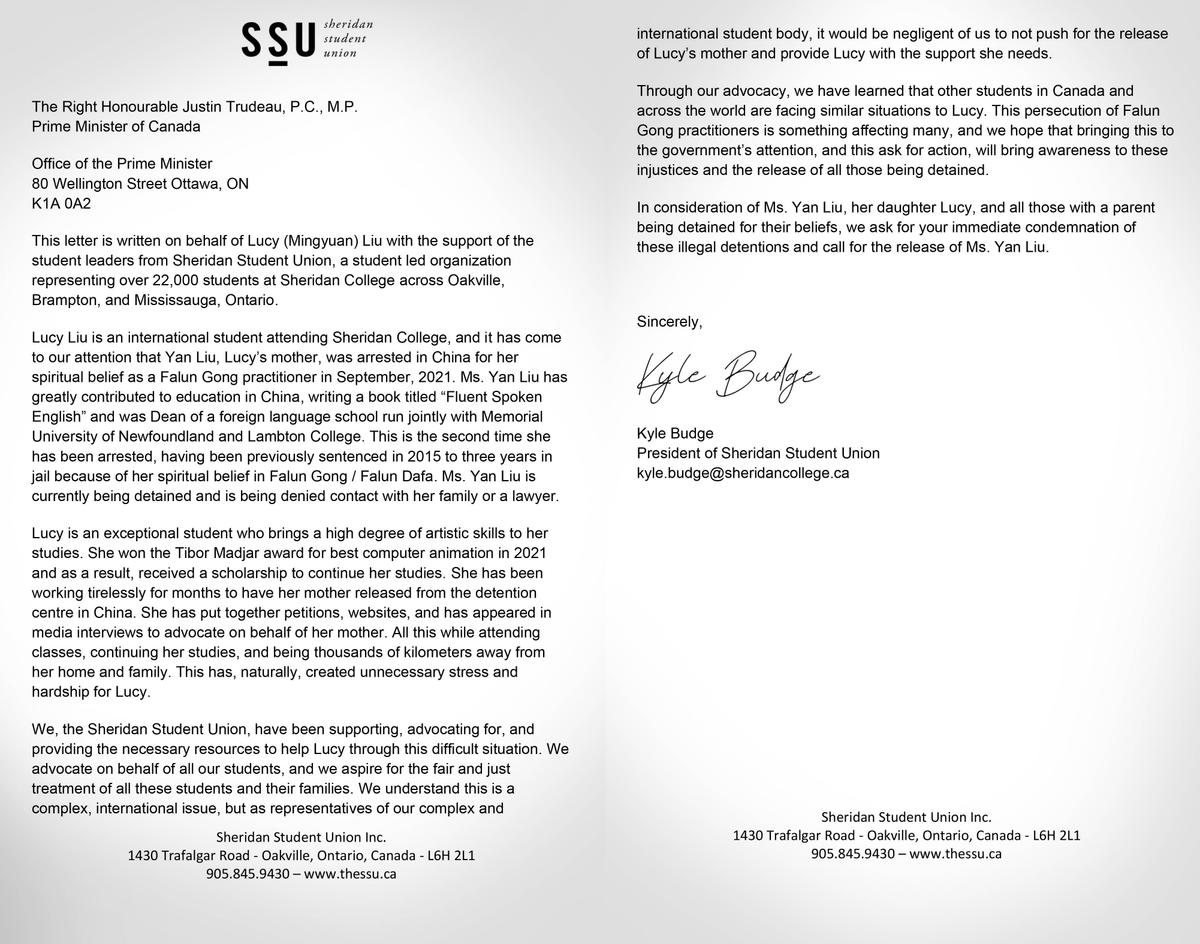 Letter to Canadian Prime Minister Justin Trudeau, sent on Lucy's behalf, penned by Sheridan Student Union President Kyle Budge. (Courtesy of Lucy Mingyuan Liu)