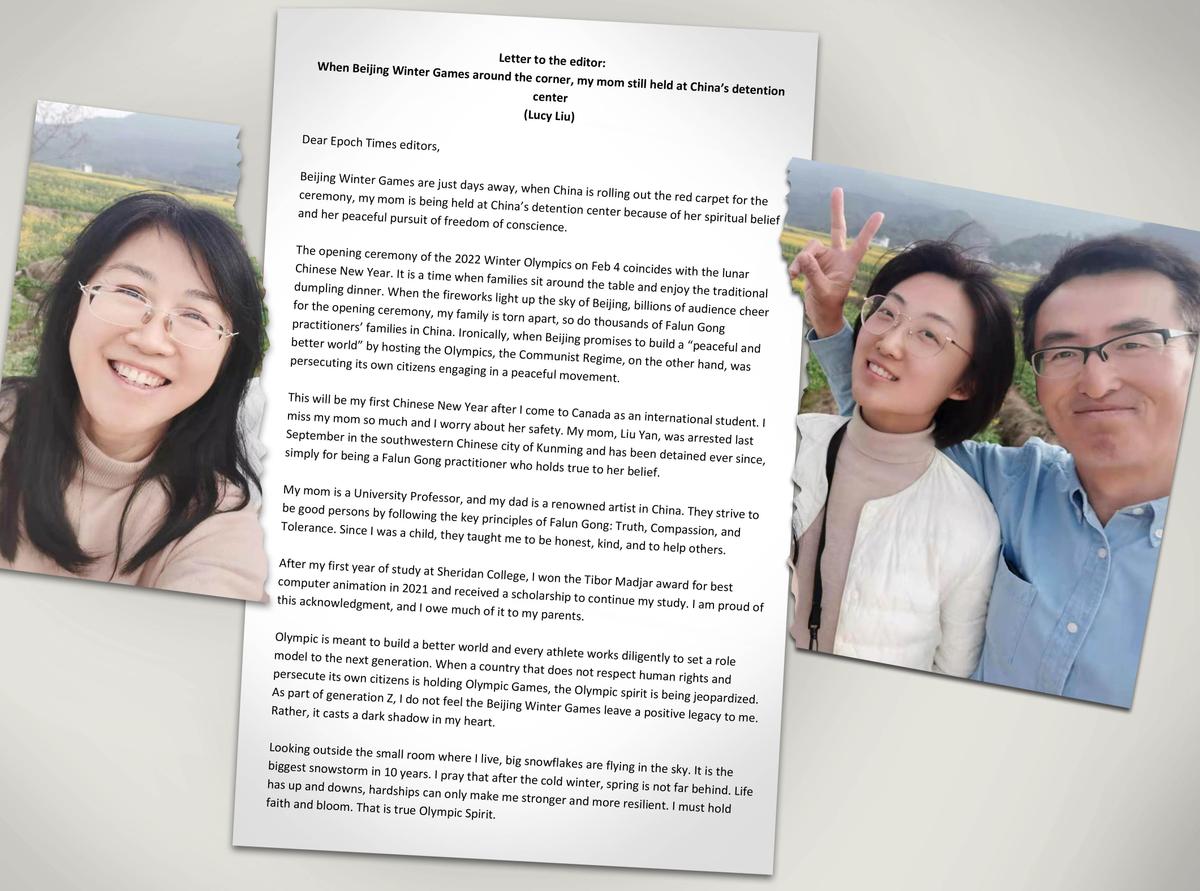 Lucy's letter to the editors of The Epoch Times, as well as Yan (L), herself (C), and her father (R). (Courtesy of Lucy Mingyuan Liu)