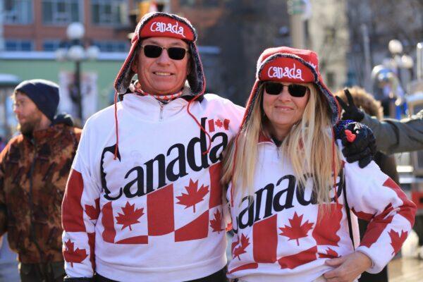 Protesters in Ottawa as demonstrations against COVID-19 mandates and restrictions continue, on Feb. 7, 2022. (Jonathan Ren/The Epoch Times)