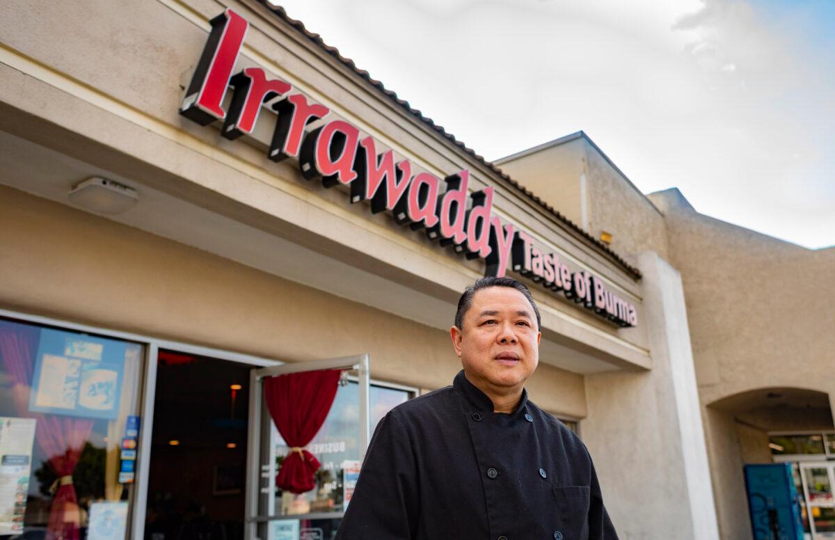 Chef and co-owner Banny Hong stands outside Irrawaddy Taste of Burma restaurant in Stanton, Calif., on Feb. 1, 2022. (John Fredricks/The Epoch Times)