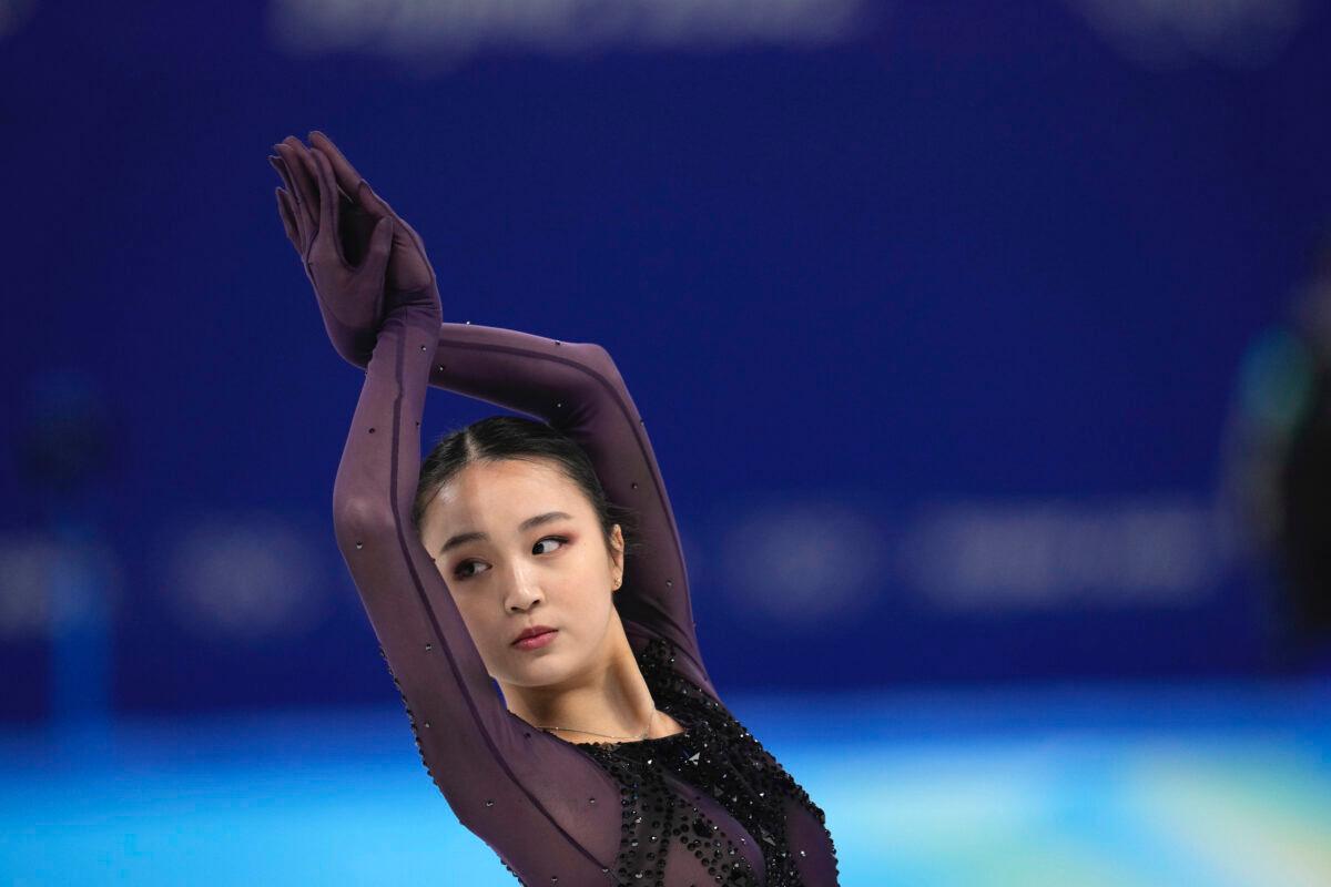 Zhu Yi, of China, competes in the women's short program team figure skating competition at the 2022 Winter Olympics, in Beijing, on Feb. 6, 2022. (AP Photo/Natacha Pisarenko)