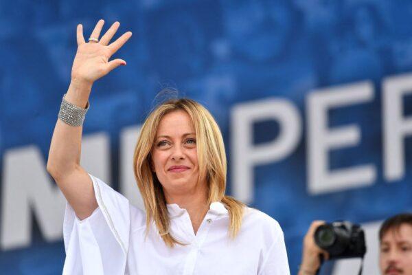  Head of Fratelli d'Italia (Brothers of Italy) party, Giorgia Meloni, waves from the stage during a united rally of the League (Lega) party, the Brothers of Italy party, and the Forza Italia (FI) party for a protest against the government in Piazza del Popolo in Rome, Italy, on July 4, 2020. (Tiziana Fabi/AFP via Getty Images)