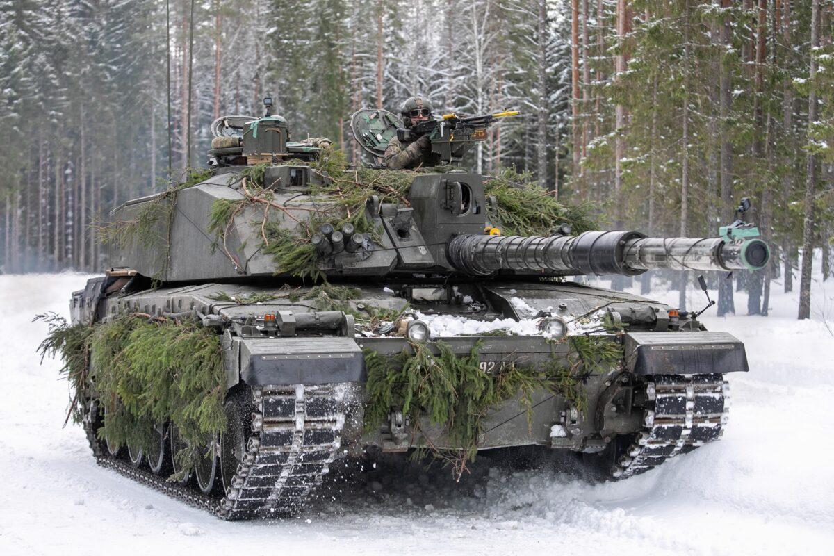 NATO battle groups from Estonia and the UK during military training at Central Training Area in Lasna, Estonia, on Feb. 8, 2022. (Paulius Peleckis/Getty Images)