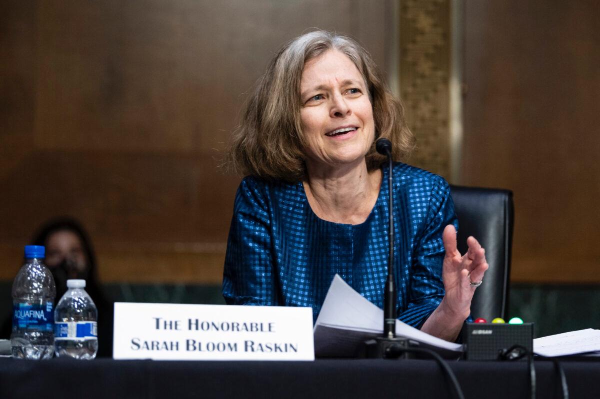 Sarah Bloom Raskin, nominee to be vice chairman for supervision and a member of the Federal Reserve Board of Governors, speaks during the Senate Banking, Housing, and Urban Affairs Committee confirmation hearing in Washington on Feb. 3, 2022. (Bill Clark/Pool/Getty Images)