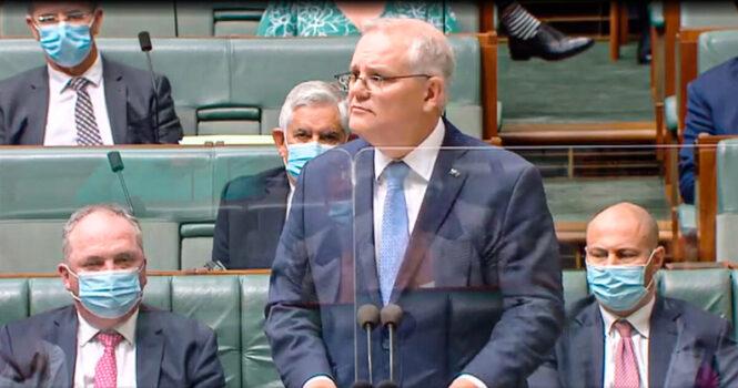 Australian Prime Minister Scott Morrison apologises to abuse victims in the House of Representatives at Parliament House in Canberra, Australia, on Feb. 8, 2022. (Screenshot by The Epoch Times)