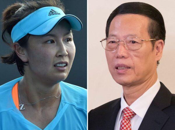Tennis player Peng Shuai of China during her women's singles first-round match at the Australian Open tennis tournament in Melbourne, on Jan. 16, 2017; Chinese Vice Premier Zhang Gaoli (R) during a visit to Russia at the St. Petersburg International Investment Forum on June 18, 2015. (Paul Crock and Alexander Zemlianichenko/AFP via Getty Images)