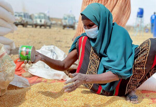 An Ethiopian woman sifts through distributed food supplies during a visit by World Food Programme (WFP) Regional Director Michael Dunford to a camp for the internally displaced in Adadle, in the Somali Region of Ethiopia, on Jan. 22, 2022. (Claire Nevill/WFP via AP)