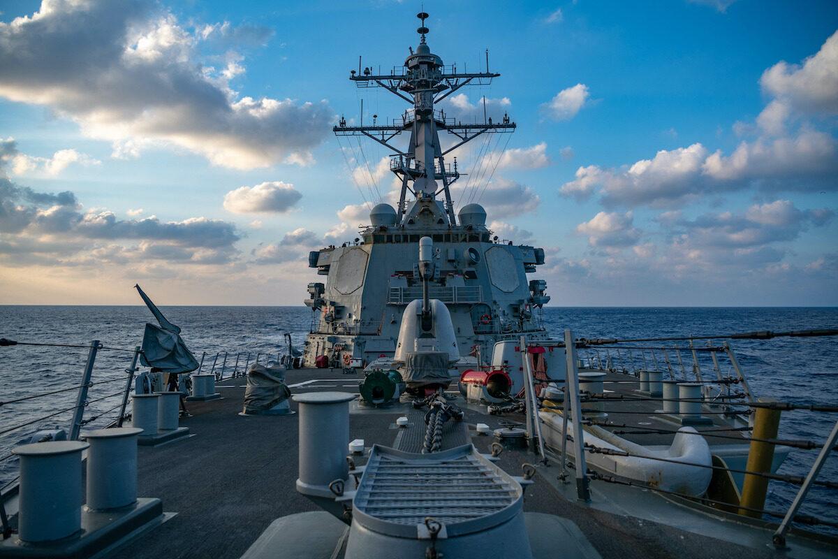 This US Navy photo released April 29, 2020 shows The Arleigh-Burke class guided-missile destroyer USS Barry (DDG 52) conducting underway operations on April 28, 2020 in the South China Sea. (Samuel HARDGROVE / US NAVY / AFP)
