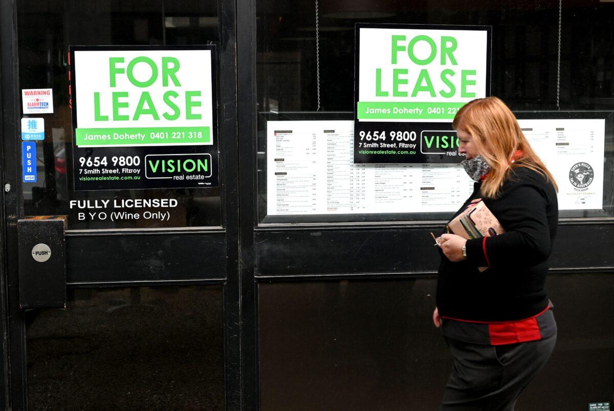 For lease signs are displayed outside a restaurant in Melbourne, on Sept. 7, 2021, (William West/AFP via Getty Images)