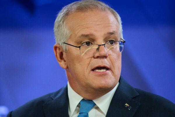 Prime Minister Scott Morrison speaks about his management of the pandemic at the National Press Club in Canberra, Australia, on Feb. 1, 2022 . (Rohan Thomson/Getty Images)