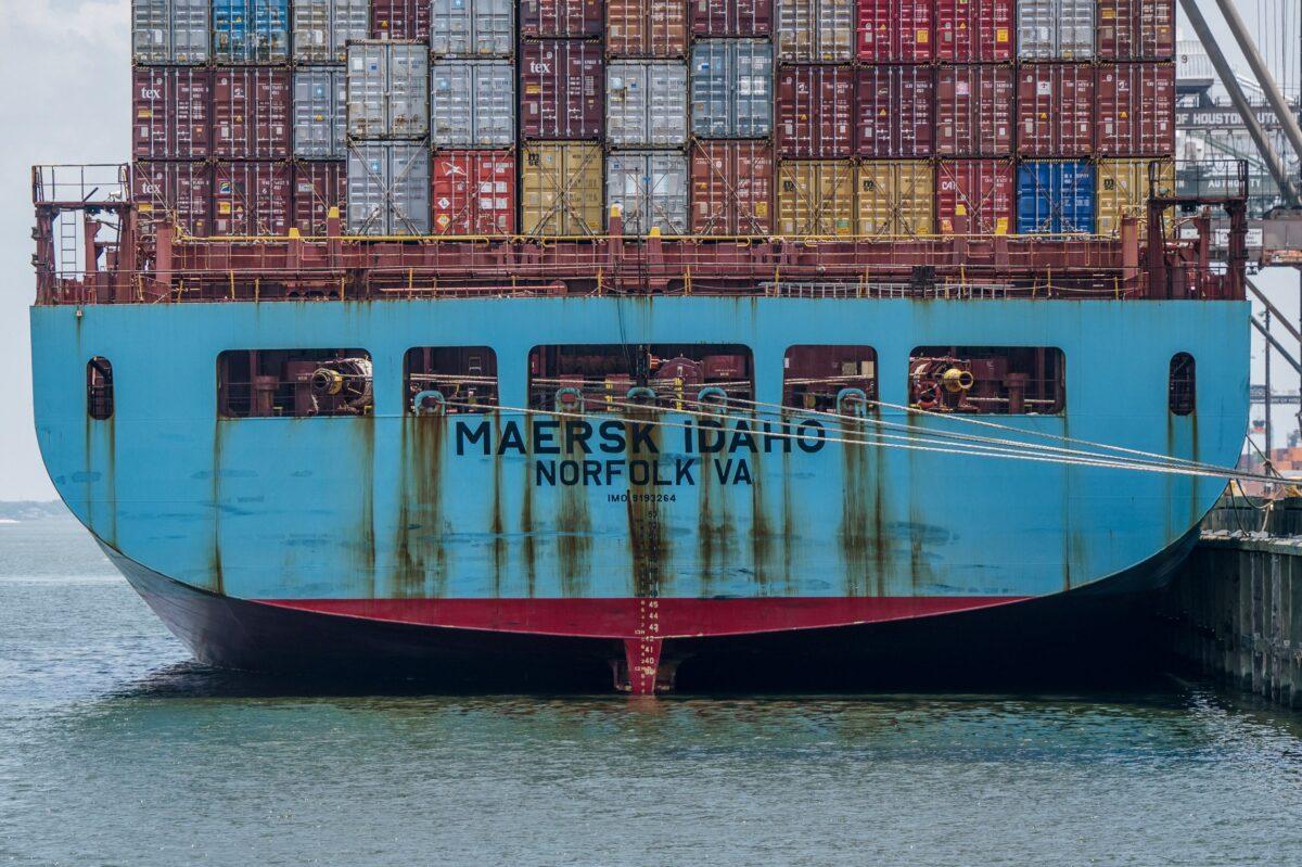A Denmark-headquartered Maersk container ship at the Port of Houston Authority in Texas on July 29, 2021. (Brandon Bell/Getty Images)