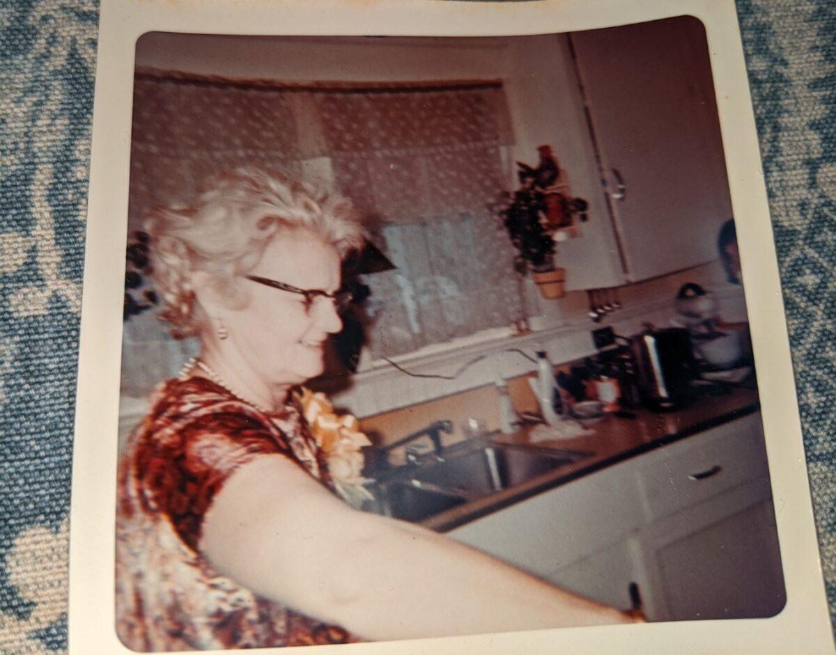 Gram in her kitchen preparing a small family reception meal for the author's wedding in 1969. (Courtesy of Donna Rinehart)