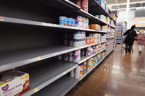 Holes on shelves in the baby formula aisles at a big box store in Chicago on Jan. 13, 2022.  (Scott Olson/Getty Images)