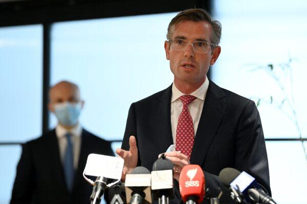 NSW Premier Dominic Perrottet speaks to the media during a press conference at Stone and Chalk Startup Hub in Sydney, Australia, on Feb. 7, 2022. (AAP Image/Bianca De Marchi)