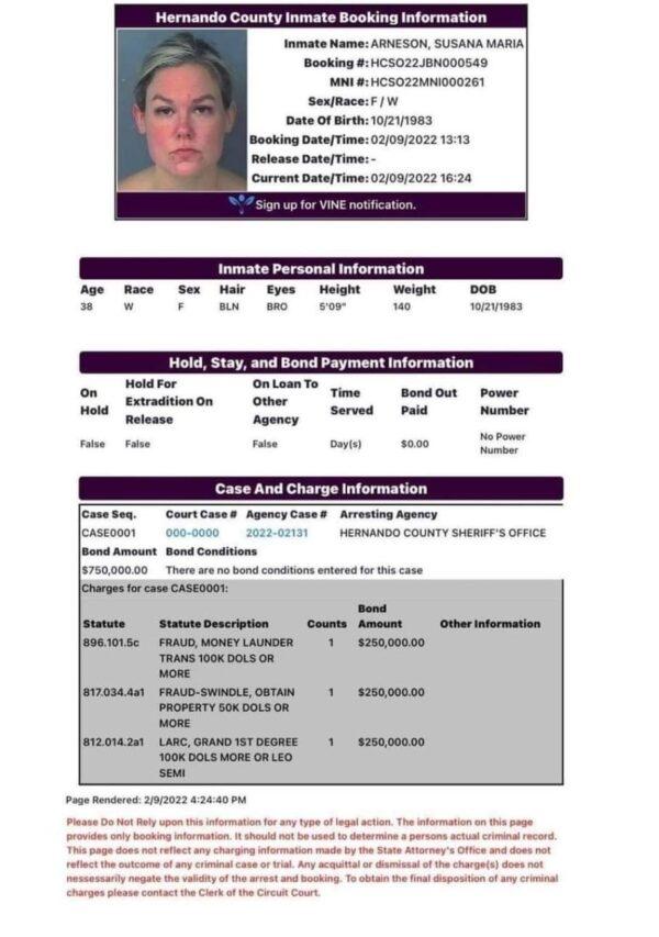 Booking Information for Susana Arneson after her arrest for embezzling $1.5 million from the animal shelter she worked for. (Hernando County Detention Center)