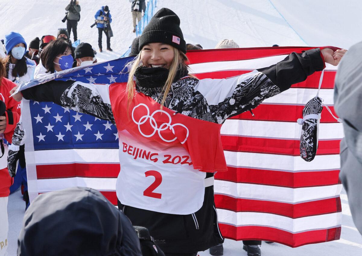 Chloe Kim of Team USA reacts after winning the gold medal during the Women's Snowboard Halfpipe Final on Day 6 of the Beijing 2022 Winter Olympics at Genting Snow Park in Zhangjiakou, China, on Feb. 10, 2022. (Patrick Smith/Getty Images)