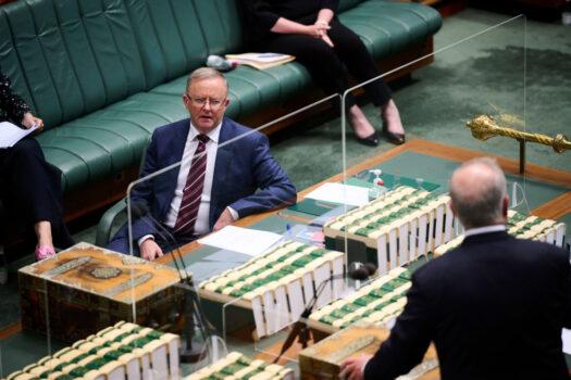 Australian Opposition Leader Anthony Albanese reacts as Prime Minister Scott Morrison speaks during Question Time in the House of Representatives at Parliament House in Canberra, Australia, on Aug. 23, 2021. (Rohan Thomson/Getty Images)