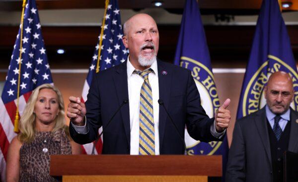 Rep. Chip Roy (R-Texas), joined by Rep. Marjorie Taylor Greene (R-Ga.), speaks at a news conference about the National Defense Authorization Bill at the U.S. Capitol in Washington on Sept. 22, 2021. (Kevin Dietsch/Getty Images)