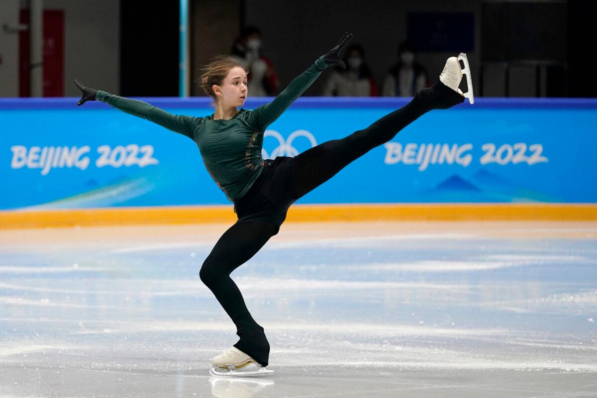 Kamila Valieva trains at the 2022 Winter Olympics in Beijing on Feb. 10, 2022. (Jeff Roberson/AP Photo)
