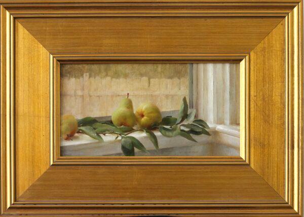 “Pears at the Window,” 2021, by Kristen Valle Yann. Oil on panel; 6 inches by 11 inches. (Courtesy of Kristen Valle Yann)
