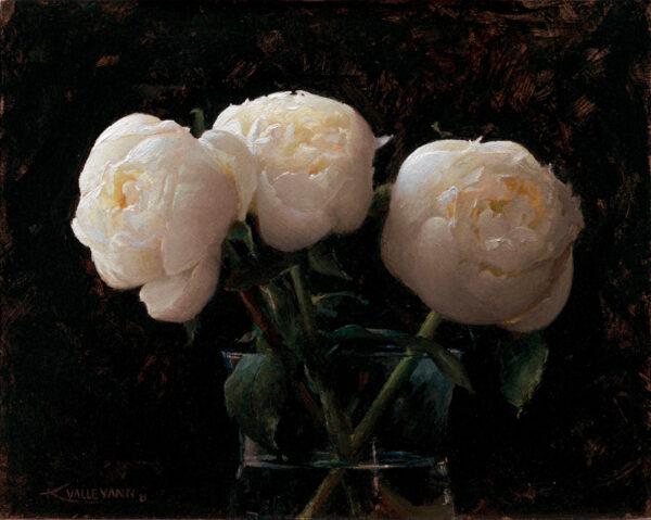 “Three White Peonies,” 2021, by Kristen Valle Yann. Oil on panel; 8 inches by 10 inches. (Courtesy of Kristen Valle Yann)