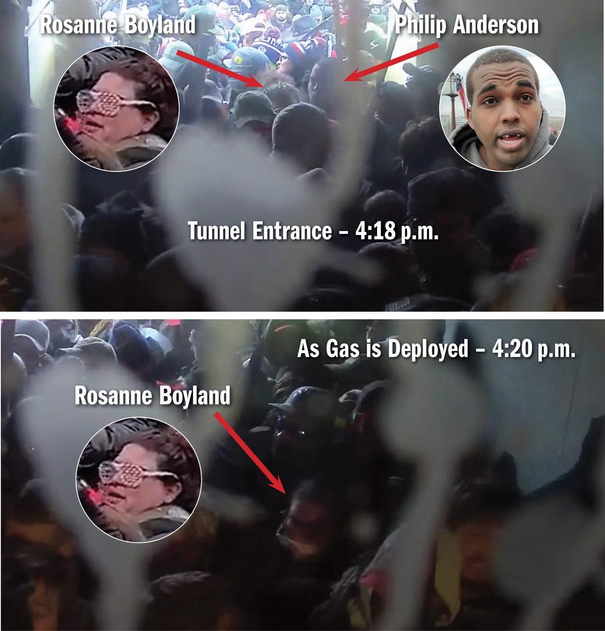 Rosanne Boyland and Philip Anderson entered the West Terrace tunnel of the U.S. Capitol at 4:18 p.m. on Jan. 6, 2021. A stampede started at 4:20 when police deployed gas against the protesters. (Video Stills/Epoch Times Photo Illustration)