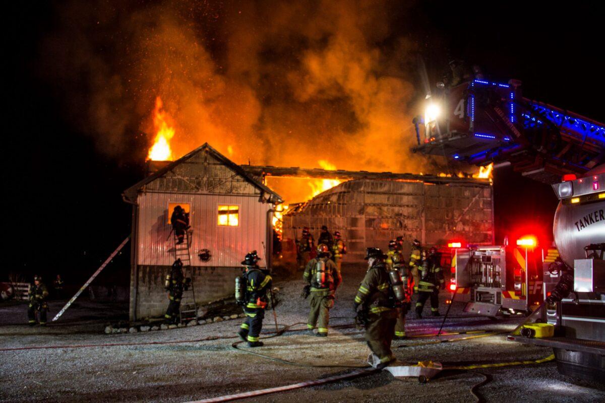 Barn fire at the Ely Fischer farm in Lancaster County, Pennsylvania, on Feb. 10, 2022. (Timothy Coover Maytown/East Donegal Township Fire Department Photographer)