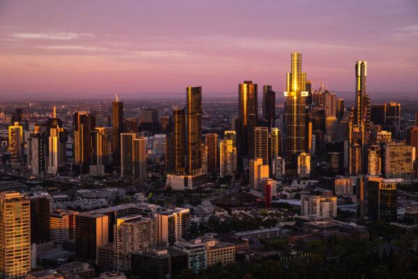 A view of Melbourne's central business district at sunrise in Melbourne, Australia, on Jan. 24, 2022. (Cameron Spencer/Getty Images)