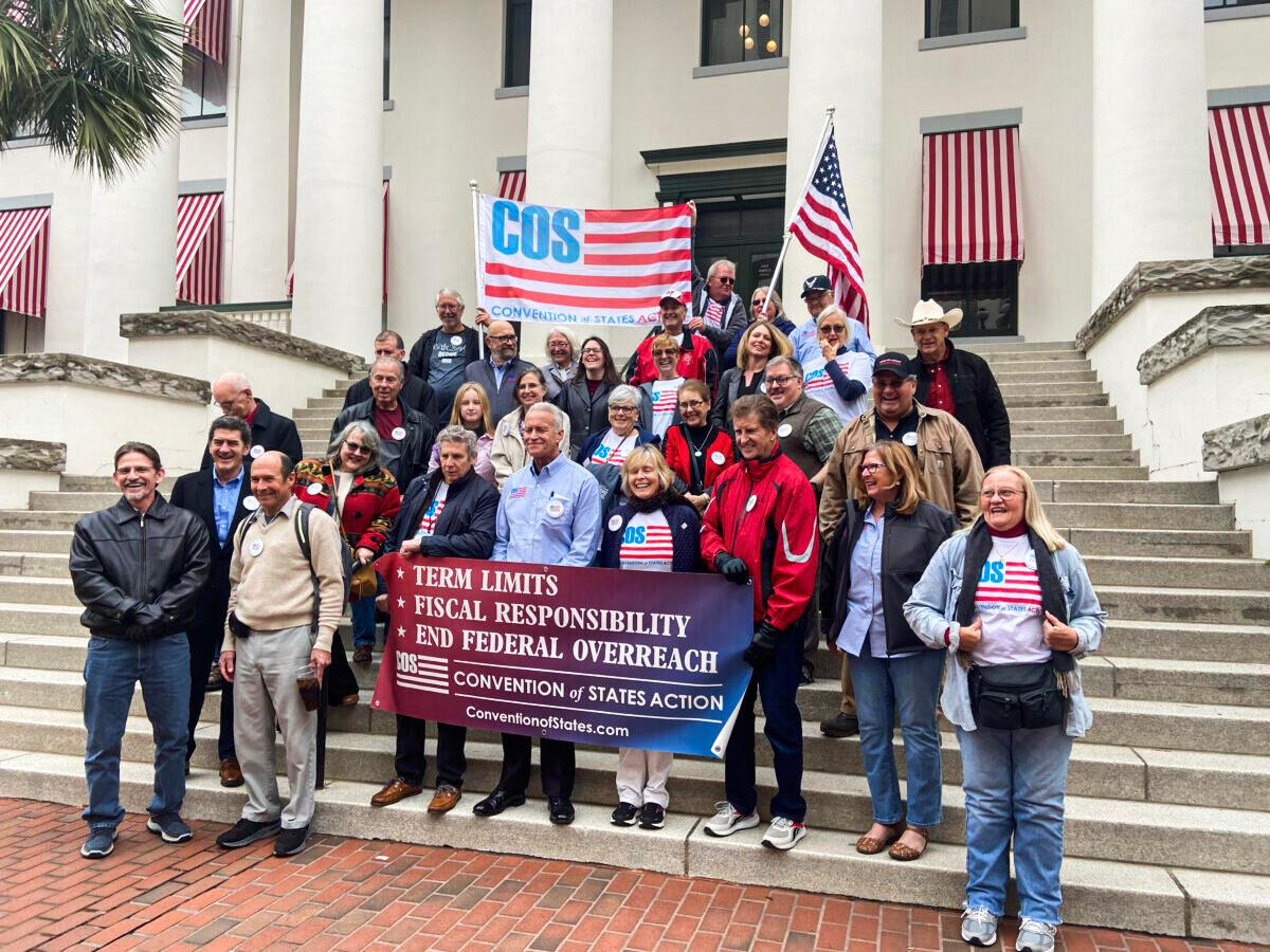 Convention of States team members gather on the steps of the Capitol Building for the annual rally in Tallahassee, Fla., on Feb. 8, 2022. (Courtesy of Brenna Rummel)