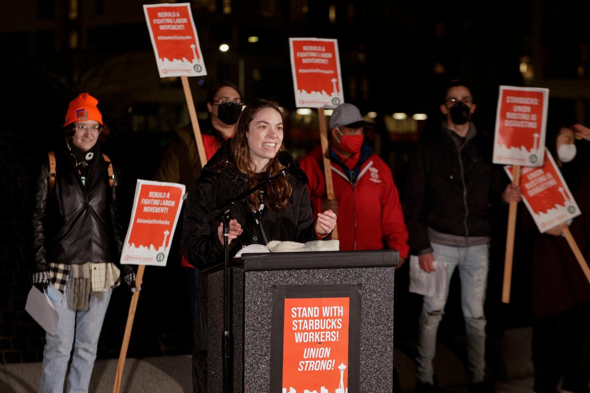 Starbucks barista Casey Moore, part of the organizing committee in Buffalo, New York, speaks in support of workers at Seattle Starbucks locations that announced plans to unionize, during a rally at Cal Anderson Park in Seattle, Wash. on Jan. 25, 2022. (Jason Redmond/AFP via Getty Images)