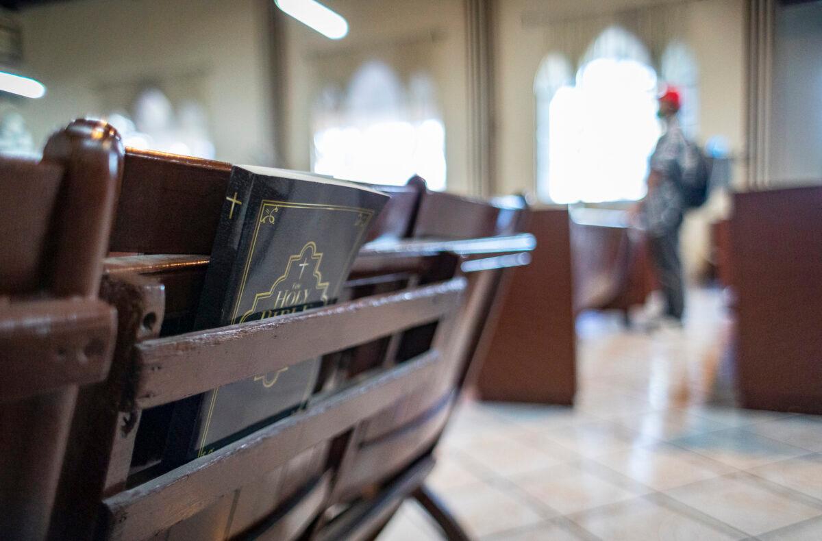 A bible sits placed behind a chair in Iglesia Cristiana Bethel, in Tijuana, Mexico, on Feb. 5, 2022. (John Fredricks/The Epoch Times)
