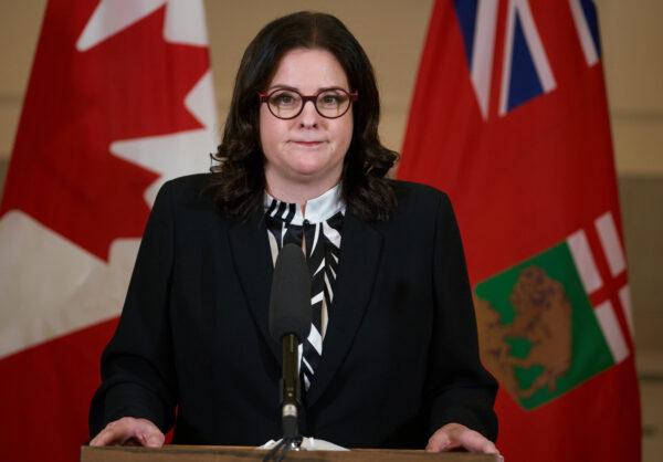 Manitoba Premier Heather Stefanson speaks at a press conference following a swearing-in ceremony for her cabinet at the Manitoba Legislative Building in Winnipeg on Jan. 18, 2022. (David Lipnowski/The Canadian Press)