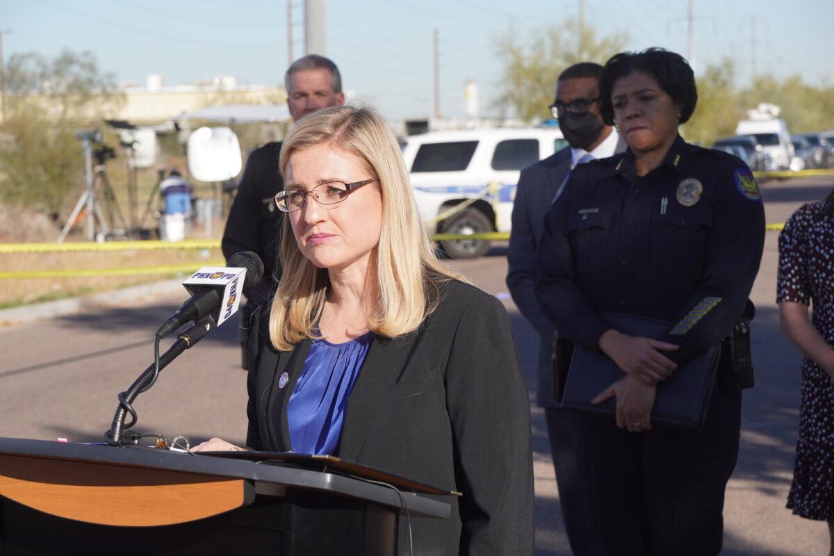 Phoenix, Ariz. Mayor Kate Gallego speaks of the heroism displayed by the nine officers who risked their lives to save a child during an ambush shooting in South Phoenix on Feb. 11. (Allan Stein/The Epoch Times)