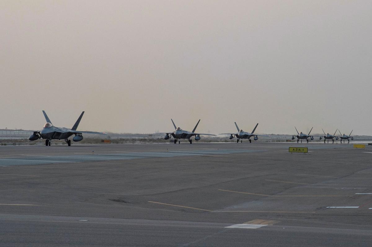 U.S. Air Force F-22 Raptors arrive at Al-Dhafra Air Base in Abu Dhabi, United Arab Emirates, on Feb. 12, 2022. (Tech Sgt. Chelsea E. FitzPatrick/U.S. Air Force via AP)