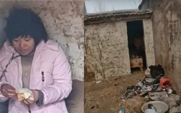 Video screenshot of a mother of eight shackled in a rural hut in Xuzhou city, Jiangsu, China, on January 2022. (Screenshots via Douyin)