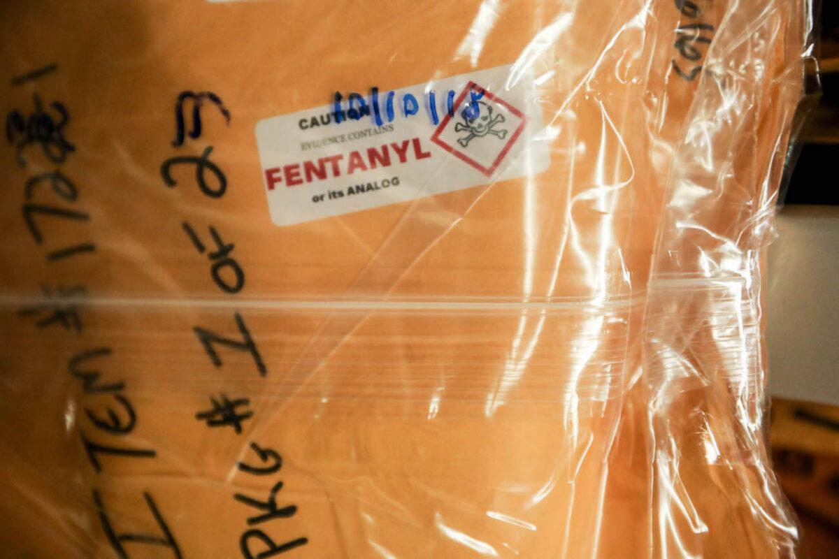 A package of seized fentanyl in the evidence room of the Pinal County Sheriff’s Department in Florence, Ariz., on Nov. 12, 2019. (Charlotte Cuthbertson/The Epoch Times)