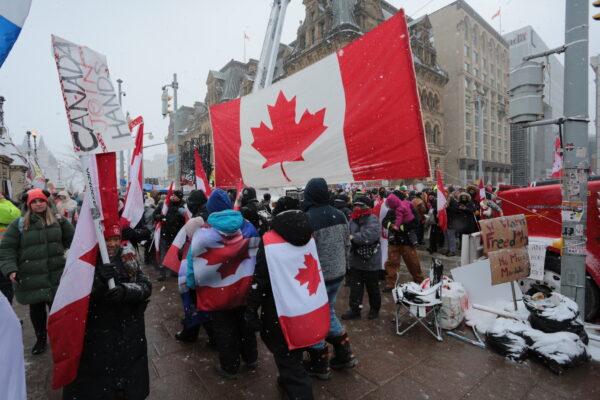 An influx of newcomers swelled the ranks of anti-mandate protesters in the Canadian capital of Ottawa on Feb. 12, 2022. (Richard Moore/The Epoch Times)