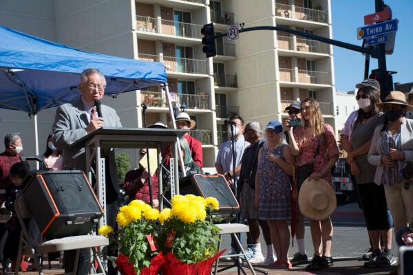 San Diego Asian American legend Tom Hom,94, is honored with a block of Third Avenue dedicated to his name at a ceremony held in downtown San Diego on Feb.12, 2022. (Jane Yang/The Epoch Times)
