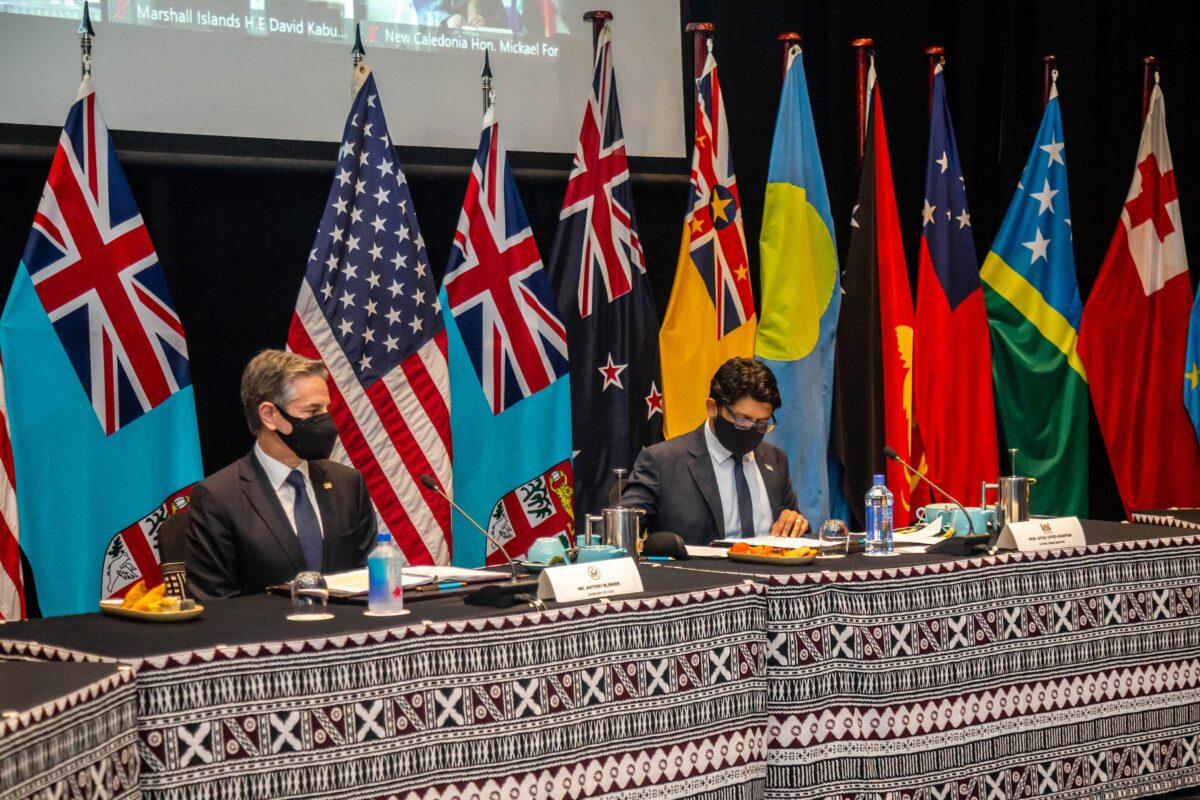 U.S. Secretary of State Antony Blinken (L) attends a meeting with Fijian acting Prime Minister Aiyaz Sayed-Khaiyum (R) in Nadi, Fiji, on Feb. 12, 2022. (Leon Lord/AFP via Getty Images)