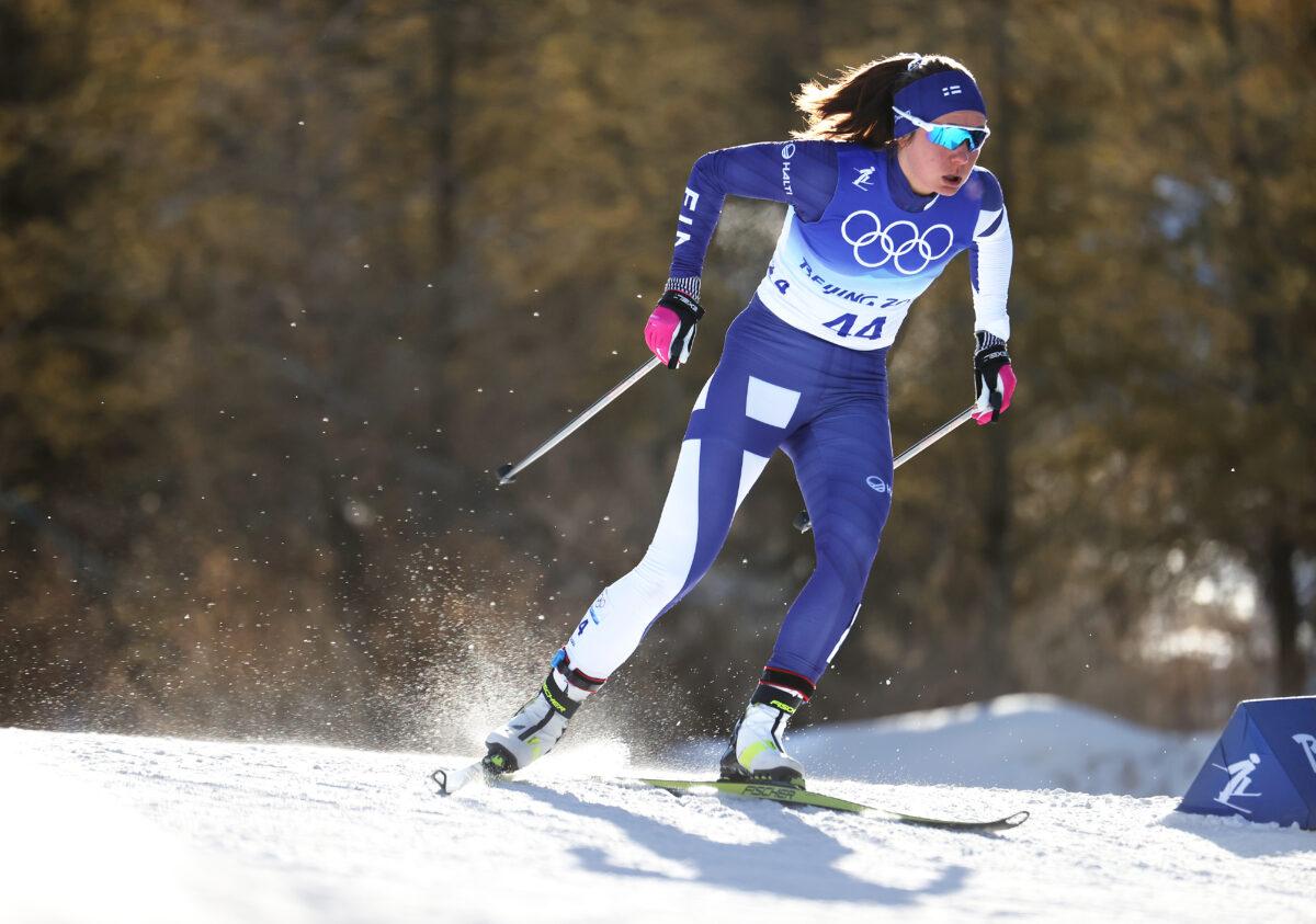 Katri Lylynpera of Team Finland competes during the Women's Cross-Country Sprint Free Qualification on Day 4 of the Beijing 2022 Winter Olympic Games at The National Cross-Country Skiing Centre on Feb. 08, 2022 in Zhangjiakou, China. (Al Bello/Getty Images)