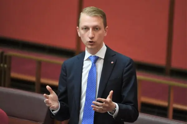 The mover came after the Shadow Minister for Cyber Security and Foreign Interference, Senator James Paterson, released the findings of his six-month audit into CCP spyware. James Paterson in the Senate at Parliament House in Canberra, Australia, on Nov. 21, 2016. (AAP Image/Mick Tsikas)