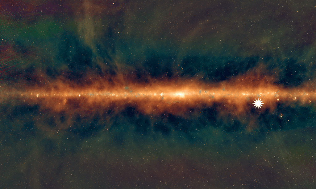 A new view of the Milky Way from the Murchison Widefield Array, with the lowest frequencies in red, middle frequencies in green, and the highest frequencies in blue. The star icon shows the position of the mysterious repeating transient. (Courtesy of Dr. Natasha Hurley-Walker (<a href="https://www.icrar.org/">ICRAR</a>/Curtin) and the GLEAM Team)