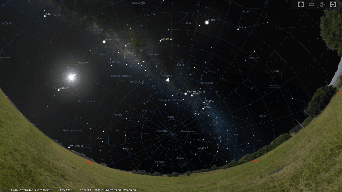 The location of the source in the sky in January 2022, marked with a large white star marker. At this time of year, it is above the horizon during the day. (Courtesy of Stellarium via <a href="https://www.icrar.org/">ICRAR</a>)
