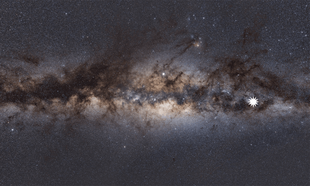The Milky Way as viewed from Earth. The star icon shows the position of the mysterious repeating transient. (Courtesy of Dr. Natasha Hurley-Walker (<a href="https://www.icrar.org/">ICRAR</a>/Curtin)