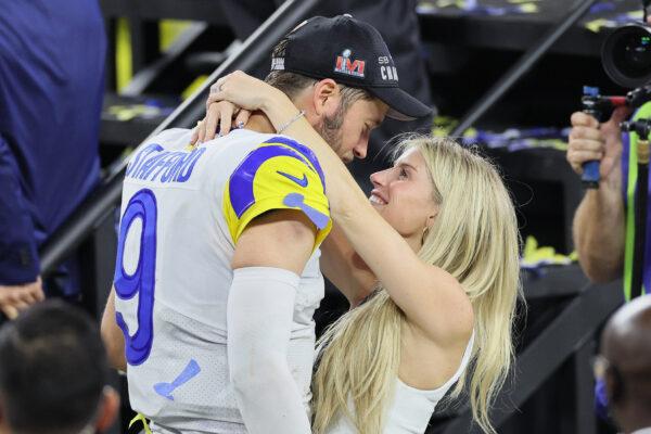 Matthew Stafford #9 of the Los Angeles Rams celebrates with his wife Kelly Stafford during Super Bowl LVI at SoFi Stadium in Inglewood, Calif., on Feb. 13, 2022. (Andy Lyons/Getty Images)