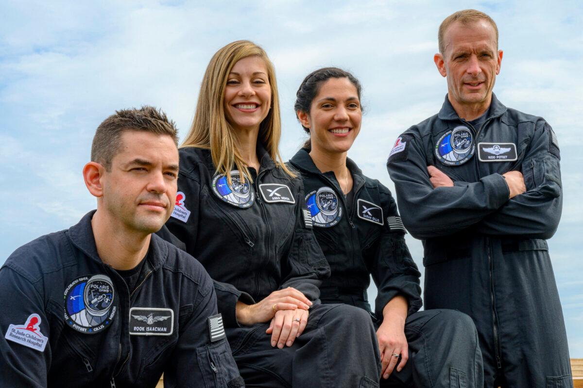(L–R) Tech entrepreneur Jared Isaacman, SpaceX employees Anna Menon and Sarah Gillis, and Scott Poteet, a retired Air Force lieutenant colonel. (John Kraus/Polaris via AP)