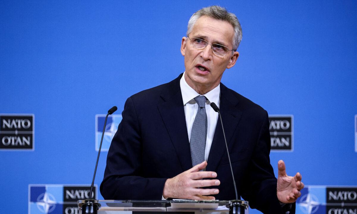 NATO Secretary-General Jens Stoltenberg speaks during a press conference ahead of a two-day meeting of the alliance's Defence Ministers at the NATO headquarters in Brussels on Feb. 15, 2022. (Kenzo Tribouillard/AFP via Getty Images)