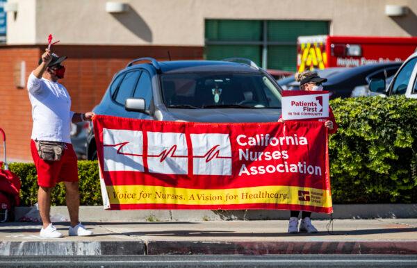 Health care workers protest for the rights of staff and patients at West Anaheim Medical Center in Anaheim, Calif., on Feb. 14, 2022. (John Fredricks/The Epoch Times)