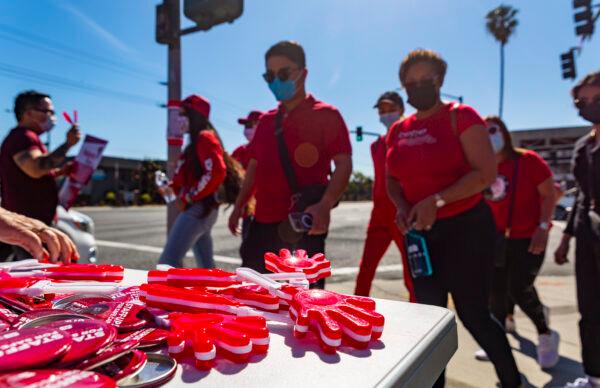 Health care workers protest for the rights of staff and patients at West Anaheim Medical Center in Anaheim, Calif., on Feb. 14, 2022. (John Fredricks/The Epoch Times)