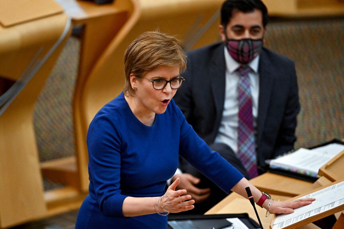 Scotland's First Minister Nicola Sturgeon speaks during First Minister's Questions (FMQs) at the Scottish Parliament in Edinburgh on Feb. 10, 2022. (J Mitchell /Pool/AFP via Getty Images)